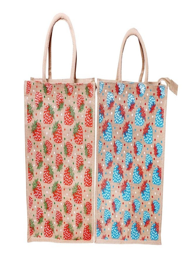 FLIHAUT® Eco-Friendly Reusable Pack of 2 Unisex Printed Multipurpose Grocery, Shopping, Daily use Lunch Tiffin, Zipper Strawberry Print Jute Bags - 14" L x 6" W x 17" H - Image 1